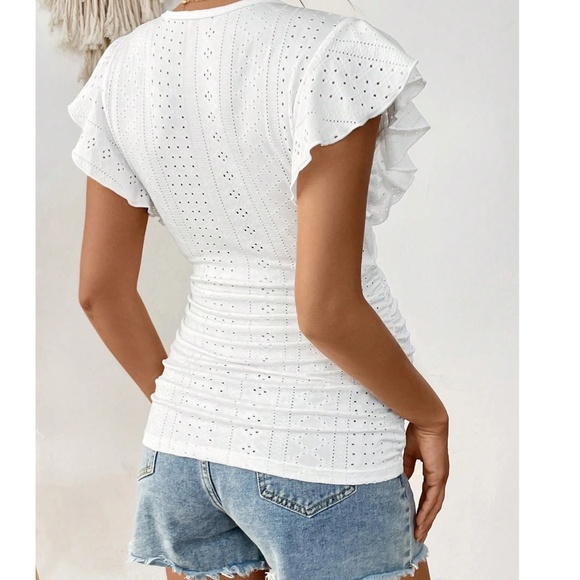 Maternity Eyelet Ruffle Cap Sleeve Stretchy Top - Picture 5 of 6